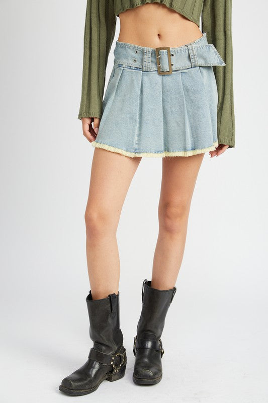 Pleated Denim Mini Skirt with Belt