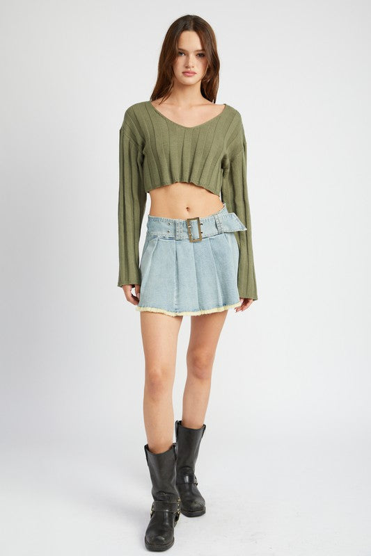 Pleated Denim Mini Skirt with Belt
