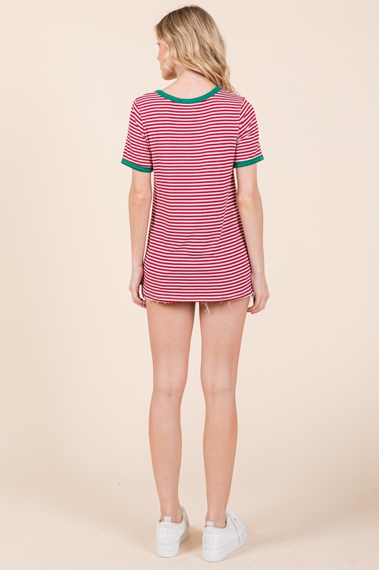 Stripe Ribbed T Shirt with Contrast Binding