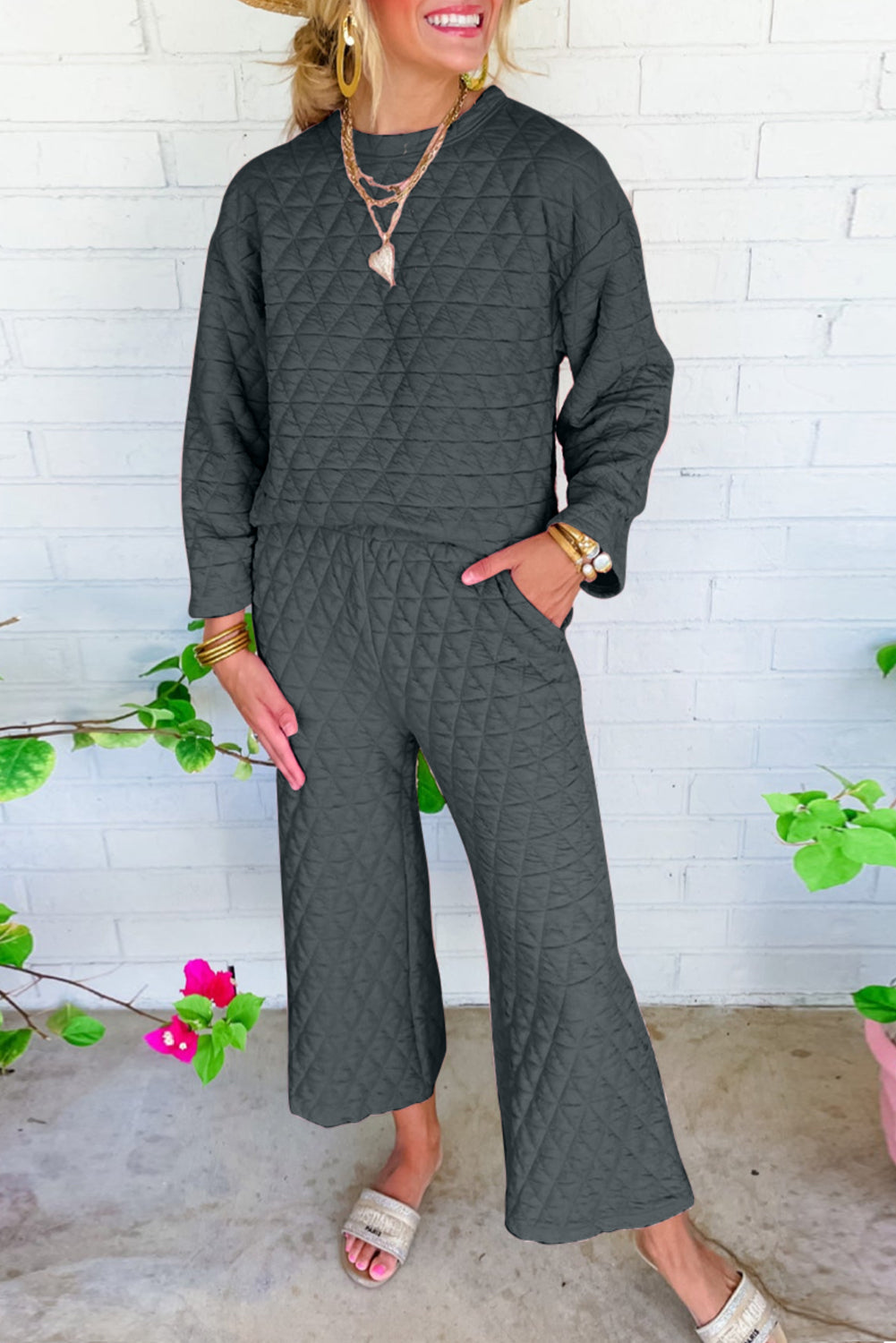 Dark Grey Solid Color Quilted Long Sleeve Top and Wide Leg Pants Set