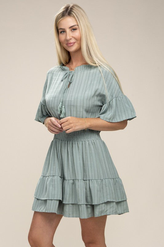 Ruffle Sleeve Gathered Waist Mini Dress