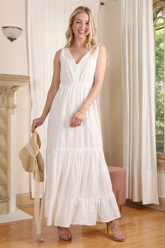 Embroidered White V - Neck Tiered Dress