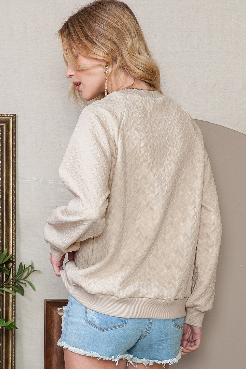 Beige Solid Color Textured Raglan Sleeve Pullover Sweatshirt