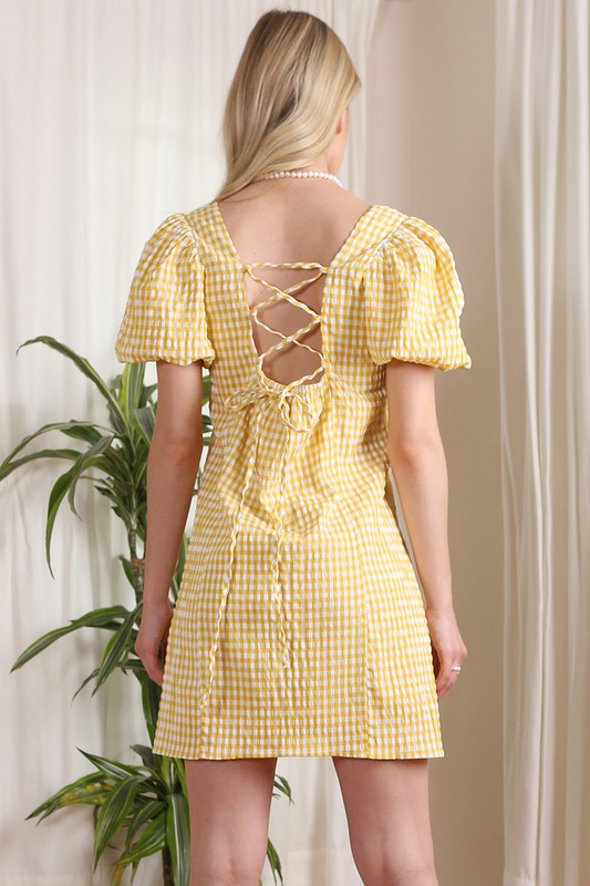 Puff Sleeve Open Corset Gingham Dress