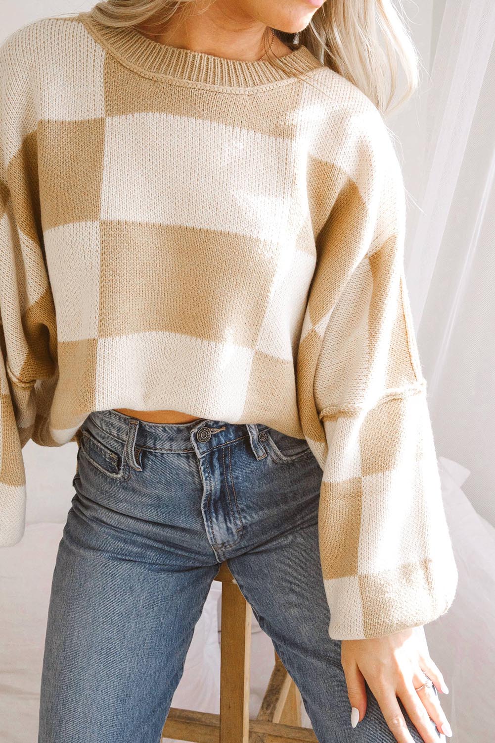 Khaki Checkered Bishop Sleeve Pullover Sweater