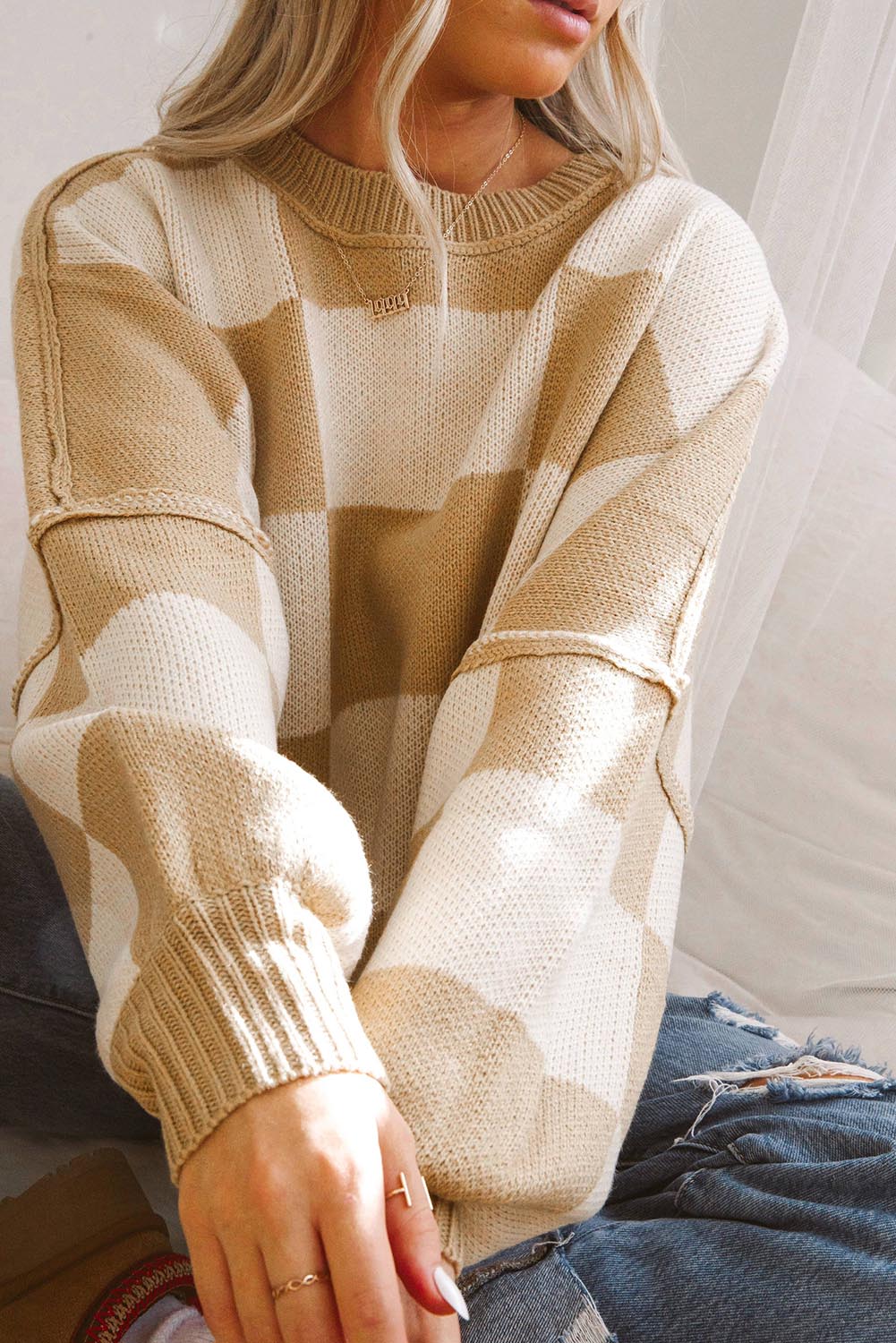 Khaki Checkered Bishop Sleeve Pullover Sweater