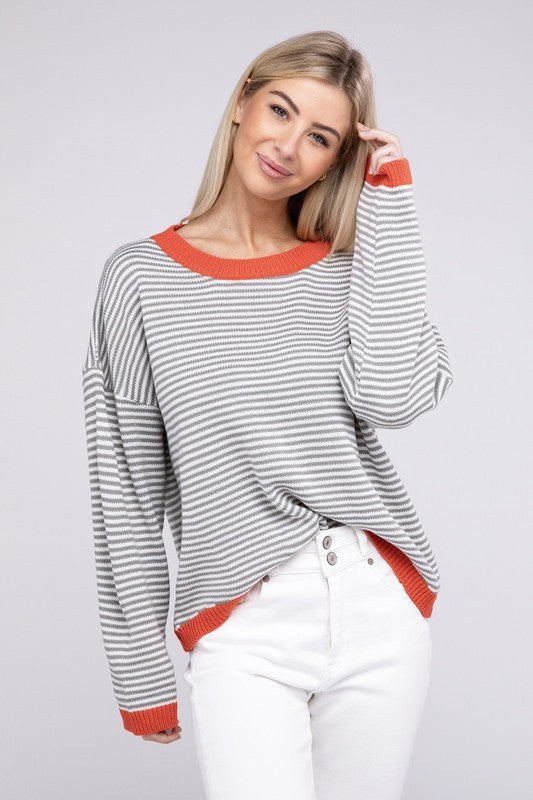 Contrast Trimmed Striped Pullover Knit