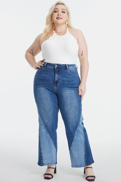 BAYEAS Full Size High Waist Two-Tones Patched Wide Leg Jeans