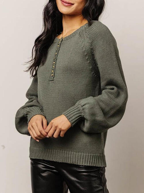 Buttoned Round Neck Long Sleeve Sweater