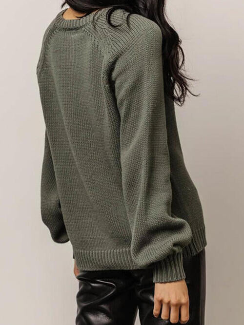 Buttoned Round Neck Long Sleeve Sweater