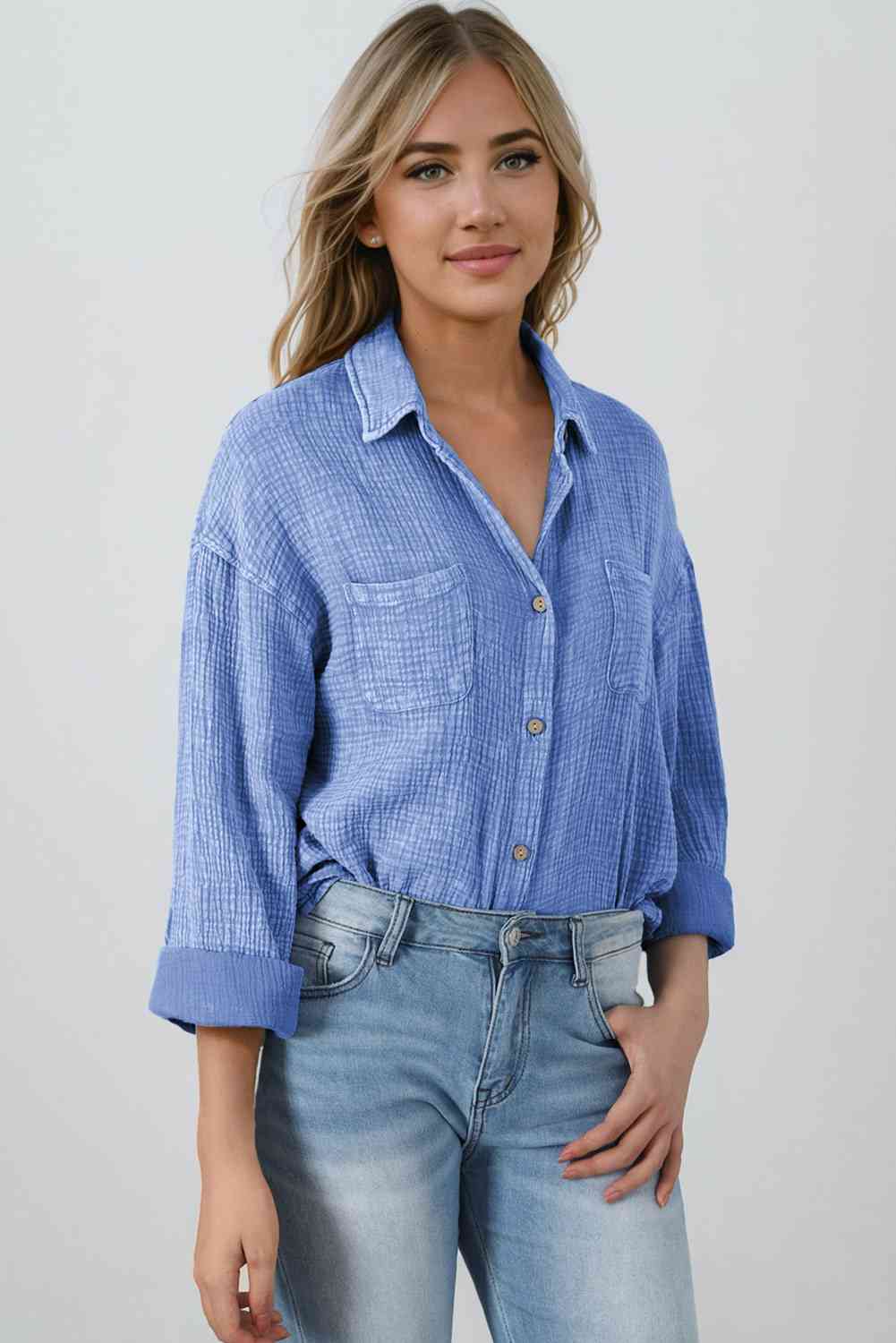 Mineral Wash Crinkle Textured Chest Pockets Shirt