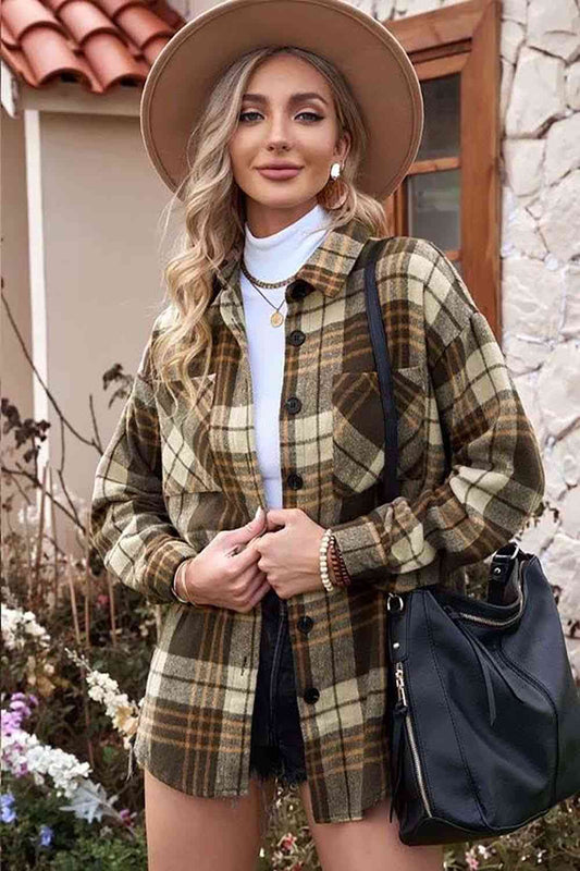 Plaid Collared Neck Button Up Jacket with Pockets