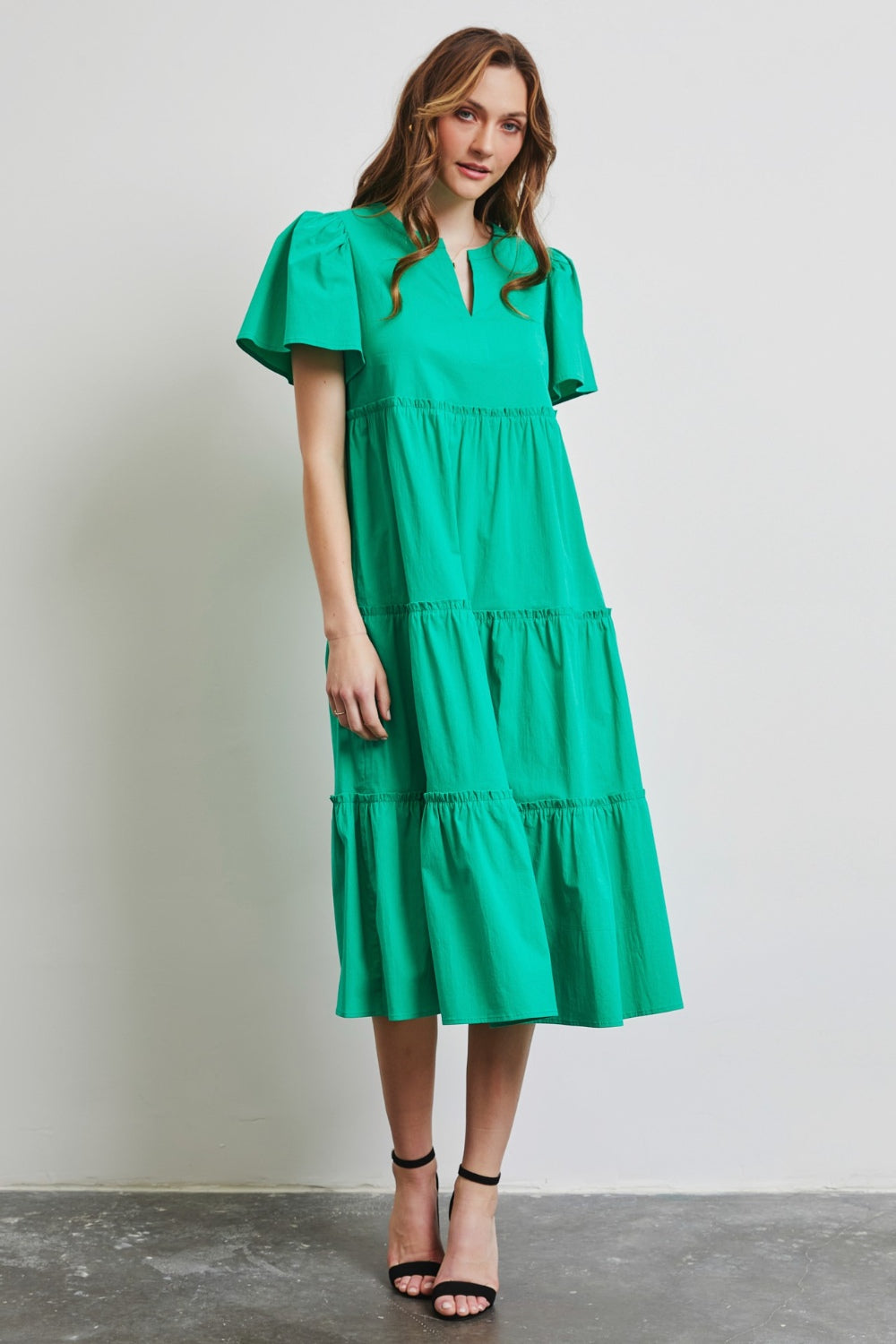 HEYSON Full Size Cotton Poplin Ruffled Tiered Midi Dress