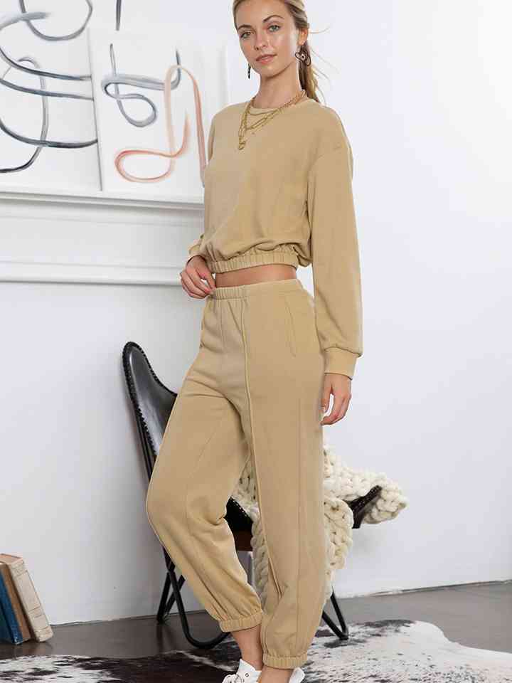 Round Neck Long Sleeve Cropped Top and Pants Set