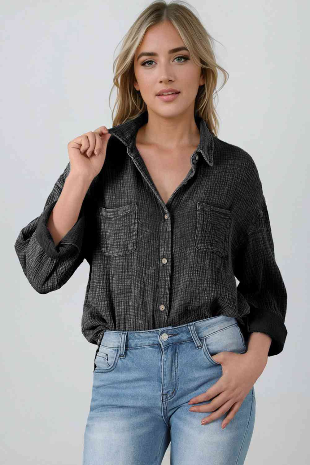 Mineral Wash Crinkle Textured Chest Pockets Shirt